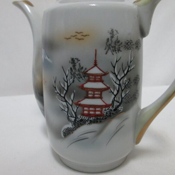 Vintage Porcelain Teapot with Spout Hand-painted Japanese Village 7" tall w/ Lid - Picture 3 of 12